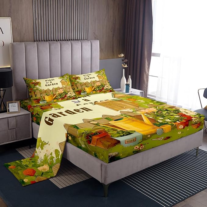 Plant a Garden Kids Sheet King Size,Gardening Gardener Bedding Set,Boys Girls Room Decor,Potted Plants Flowers Butterfly Rustic Green Beige Bed Sheet Set 4pcs(Fitted + Flat + 2 Pillowcases)