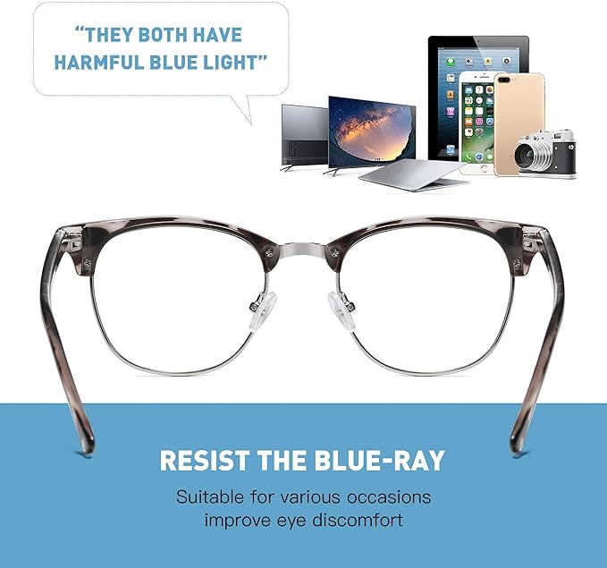 Blue Light Blocking Glasses Vintage Half Frame UV Clear Lens Anti Eyestrain Computer Gaming Glasses for Women Men (E-bright Black+leopard Silver)