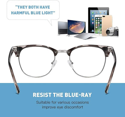 Blue Light Blocking Glasses Vintage Half Frame UV Clear Lens Anti Eyestrain Computer Gaming Glasses for Women Men (E-bright Black+leopard Silver)