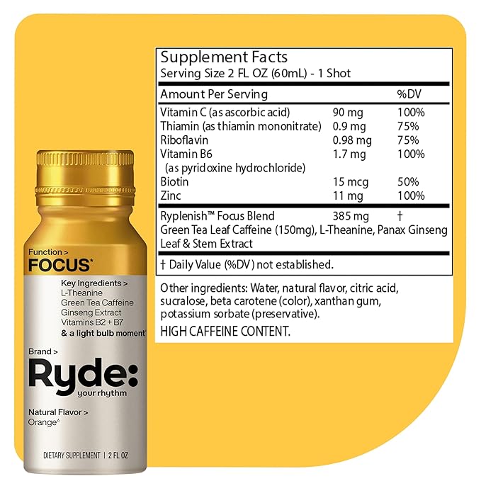 Ryde: Focus Shot | Orange Flavor | L-Theanine & Ginseng | Green Tea Caffeine | Vitamins B2 & B7 | 0 Calories, 0 Sugar | 2 FL OZ Shots | Supports Focus* (8 Pack)