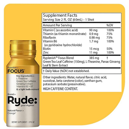 Ryde: Focus Shot | Orange Flavor | L-Theanine & Ginseng | Green Tea Caffeine | Vitamins B2 & B7 | 0 Calories, 0 Sugar | 2 FL OZ Shots | Supports Focus* (8 Pack)