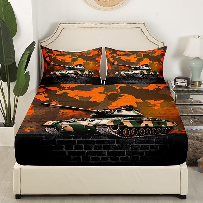 Manfei Tank Sheet Set King Size, Orange Camouflage Wall Print Bedding Set for Kids Boys Teens Adults, Camo Vintage Style Bed Sheet Set 4pcs with Deep Pocket Fitted Sheet + Flat Sheet + 2 Pillowcases
