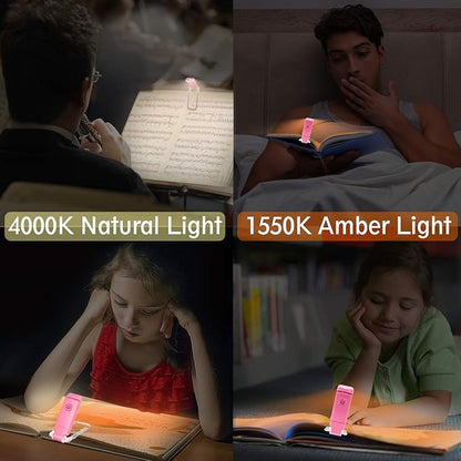 BIGLIGHT Amber Book Reading Light, LED Clip on Book Lights, Reading Lights for Books in Bed, Small Book Light for Kids, USB Rechargeable, 2 Brightness Adjustable for Eye Protection, Pink