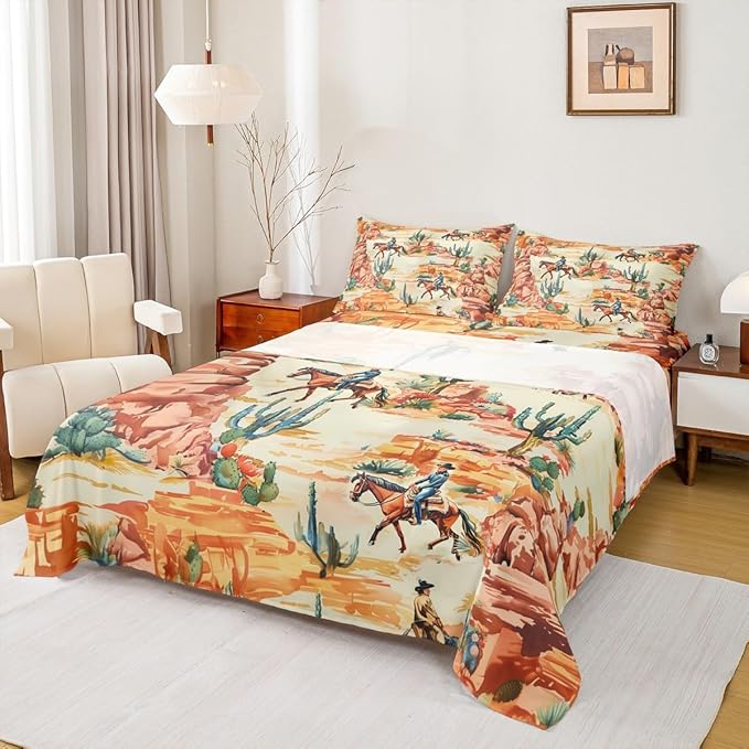 Manfei Western Cowboy Kids Sheet King Size,Cactus Desert Southwest Country Easy Wash Bedding Set,Boho Rustic Farmhouse Boys Girls Room Decor,Orange Green Sheet(Fitted+Flat+2 Pillowcases)