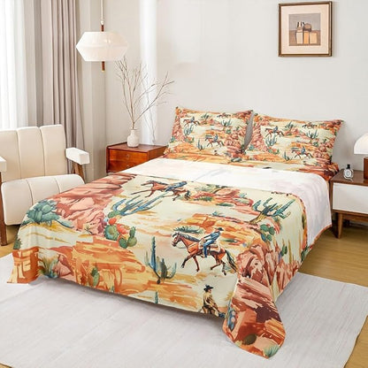 Manfei Western Cowboy Kids Sheet King Size,Cactus Desert Southwest Country Easy Wash Bedding Set,Boho Rustic Farmhouse Boys Girls Room Decor,Orange Green Sheet(Fitted+Flat+2 Pillowcases)