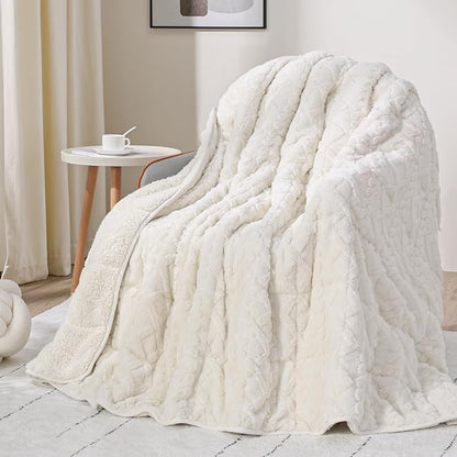 Drewin Weighted Blanket for Adults Queen Size 15 lbs, Soft Fuzzy Jacquard Sherpa Weighted Blankets for Sleeping, Cozy Sofa Bed Blanket for Winter, Cream White, 80 x 87 inches