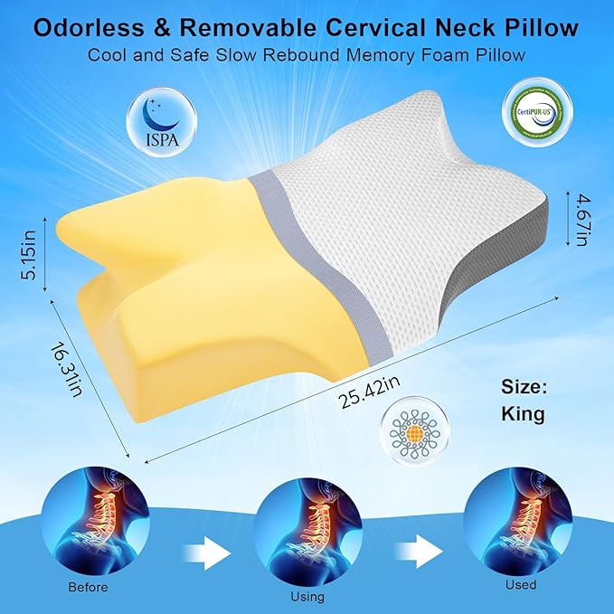 Anvo Cervical Pillow for Neck Pain Relief, Neck Pillows for Pain Relief Sleeping, Memory Foam for Back and Shoulder Pain, Ergonomic Design for Side Back Stomach Sleeper, White Firm Queen