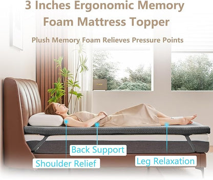 3 Inch Memory Foam Mattress Topper Twin Size - CertiPUR-US Certified - Gel Cooling Mattress Pad with Removable Bamboo Cover,Bed Topper for Pressure Relief(White) (Gray, Twin)