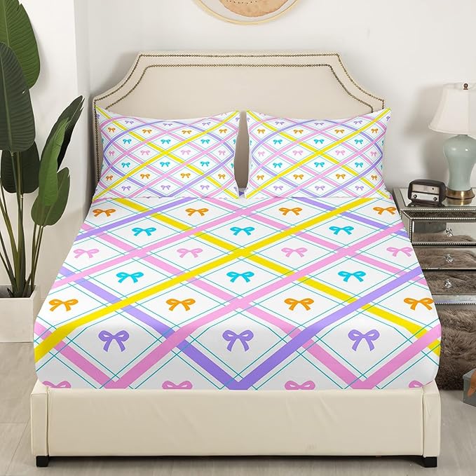 Cartoon Bowknot Fitted Sheet Queen Size Pink Purple Yellow Lines Striped Plaids Patchwork Bedding Sheet Set,Kawaii Princess Bow-tie Bed Cover Ultra Soft Breathable Bedding 3 Pcs