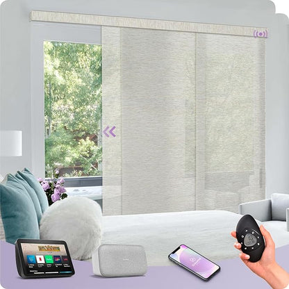Graywind Rechargeable Smart Sliding Panels Compatible with Alexa Google Motorized Panel Track Blinds Remote Control for Patio Sliding Door Closet Door Width Up to 177" Custom Size (Moonlight)