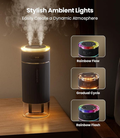 WSKEN Portable Small Humidifier for Bedroom - [Dual Nozzle Large Cool Mist] [Ambiance Lighting] [Car Smart On/Off] Ultrasonic Mini Personal Desk Air Humidifiers for Travel Office Baby Room,Black