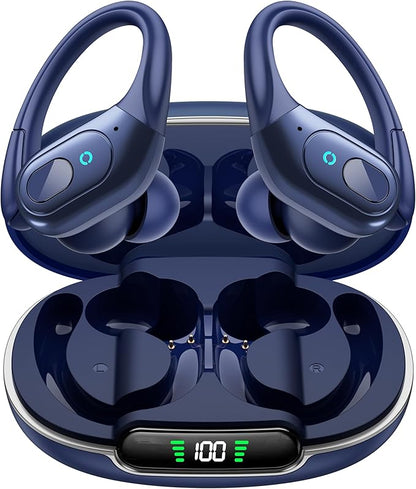 occiam Active Noise Cancelling Earbuds Wireless Bluetooth Headphones Ear Buds 90Hrs Playback Stereo Bass Earphones with Mic Over-Ear Hooks IPX7 Waterproof Headset for Work Sports Running Gym Deep Blue
