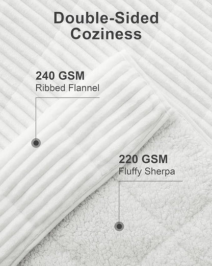 Sherpa Fleece Adult Weighted Blankets 20lbs with Ribbed Stripes, Dual Sided Fuzzy Warm Blanket for Couch Bed Sofa, Heavy Thick Blankets with Ceramic Beads Great for Sleep, White, 60" x 80"