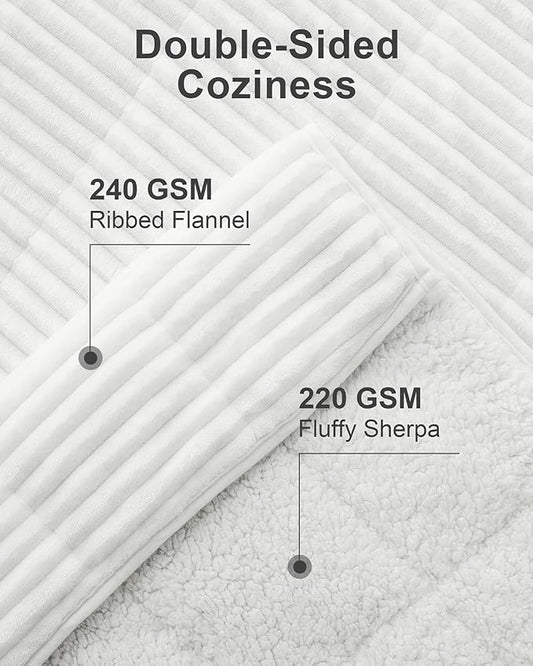 Sherpa Fleece Adult Weighted Blankets 20lbs with Ribbed Stripes, Dual Sided Fuzzy Warm Blanket for Couch Bed Sofa, Heavy Thick Blankets with Ceramic Beads Great for Sleep, White, 60" x 80"