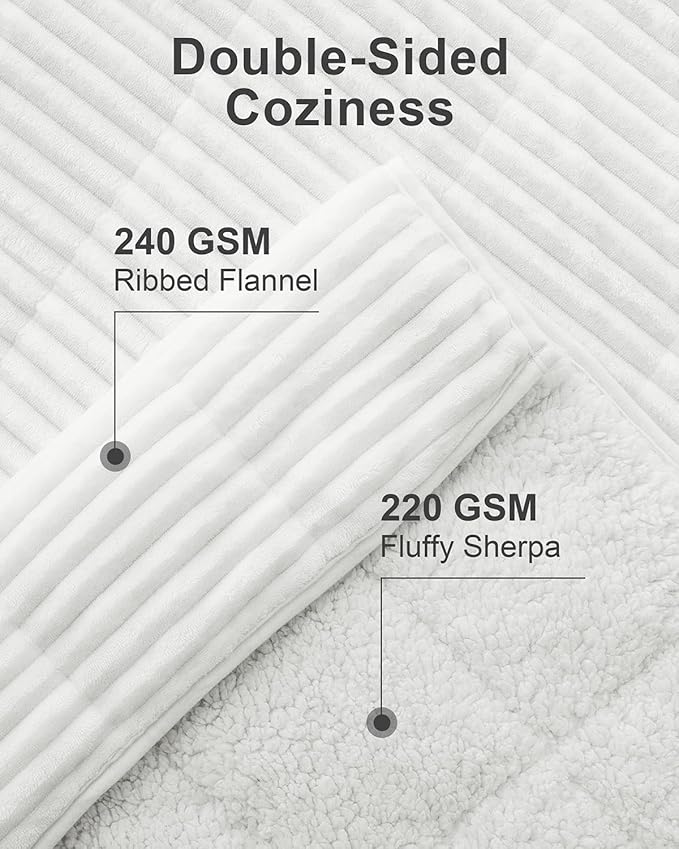 Sherpa Fleece Weighted Blanket with Ribbed Stripes for Adults, 15 lbs Dual Sided Cozy Warm Blanket for Couch Full Size Bed, Ceramic Beads Heavy Thick Blankets Great for Sleep, White, 60" x 80"