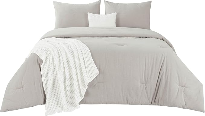 Bedsure 5 Pieces Cotton Comforter Set with Cotton Waffle Throw Blanket - Beige Comforter Full Size, Pillow Shams, White Cooling Blanket of Rayon Derived from Bamboo for Hot Sleepers, Throw Pillow