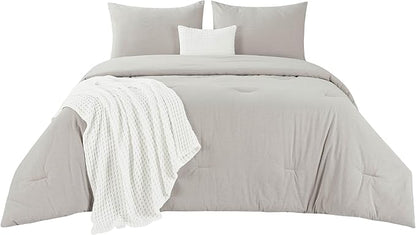 Bedsure 5 Pieces Cotton Comforter Set with Cotton Waffle Throw Blanket - Beige Comforter Full Size, Pillow Shams, White Cooling Blanket of Rayon Derived from Bamboo for Hot Sleepers, Throw Pillow