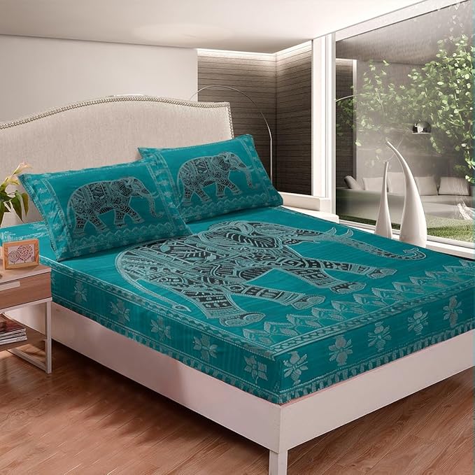Manfei Elephant Kids Sheet Queen Size,Indian Exotic Trippy Boho Bedding Set,Boys Girls Room Decor,Native American Indian Style Green Psychedelic Bed Sheet Set 4pcs(Fitted + Flat + 2 Pillowcases)