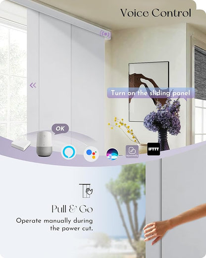 Graywind Rechargeable Smart Sliding Panels Compatible with Alexa Google Motorized Panel Track Blinds Remote Control for Patio Sliding Door Closet Door Width Up to 177" Custom Size (White)