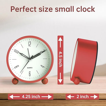 Analog Alarm Clock, 4 inch Super Silent Non Ticking Small Clock with Night Light, Battery Operated, Simple Design, Old Fashioned Style Wine-red Decor, for Bedroom, Bedside, Desk, Adult, Kid, Gift, Red