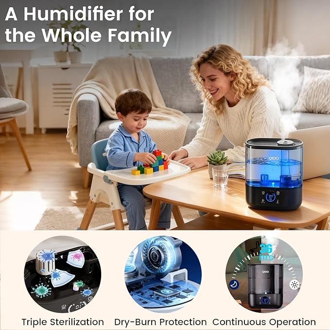 QIDO Top Fill Humidifiers for Bedroom, 5 L Cool Mist 36H Super Long Time, Quiet 28dB Essential Oil Diffuser for Baby & Plants, 3 Adjustable Mist with Touch/APP/7-color Nightlight, Auto Shut-off, Black