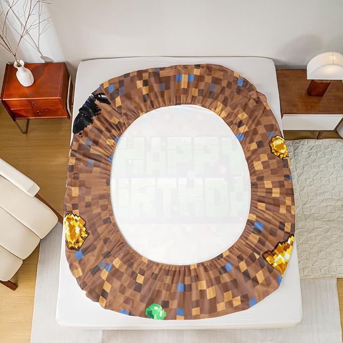 Pixel Game Boys Girls Bed Sheets,Happy Birthday Video Games Room Decor,Check Patchwork Geometric Kids Twin Size Fitted Sheet,Brown Bedding Set,1 Pillowcase(No Flat)