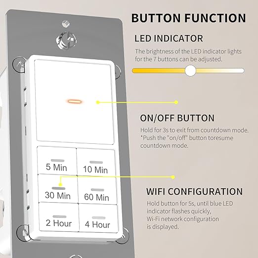 Minoston WiFi Timer Switch - Smart Countdown Timer, 5-15-30 Minutes/1-2-4 Hour, ON/OFF, Neutral Wire Needed, for Lights, Fans, Heaters, ETL Listed