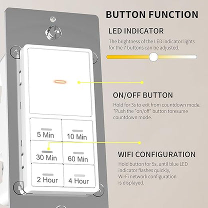 Minoston WiFi Timer Switch - Smart Countdown Timer, 5-15-30 Minutes/1-2-4 Hour, ON/OFF, Neutral Wire Needed, for Lights, Fans, Heaters, ETL Listed
