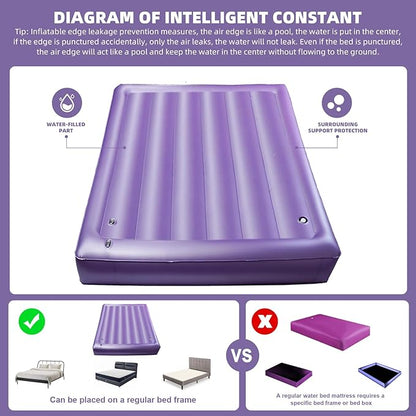 Semi Waveless Water Bed Mattress Queen Size (60x80 Inches) - Softside Foldable Waterbed with Smart Thermostats & Fill/Drain Kit | Soft Cover for Adults & Kids