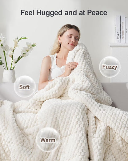 Super Soft Luxury Fleece Sherpa Weighted Blanket 15 lbs for Adults, Turtle Shell Fuzzy Cozy Warm Weighted Throw for Winter, Ceramic Beads Washable Heavy Blankets for Couch Bed, Cream White, 48"x72"