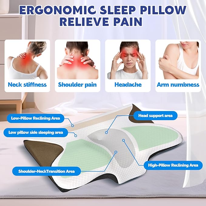 Cervical Neck Pillow for Sleeping Ergonomic Sleep Apnea Pillow with Memory Foam Neck Support Pillow for Back Side Stomach Sleepers with Pillowcase (Black)