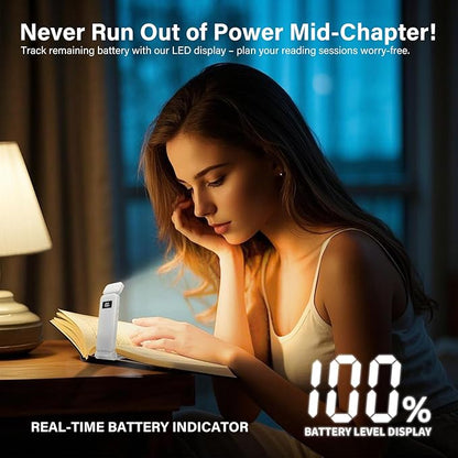 Rechargeable Clip-On Book Light with Battery Indicator — 9 Modes (3 Color × 3 Brightness), USB-C Fast Charge, Ultralight 1.6 oz & 0.49" Slim, Bed Reading Lamp Stocking Stuffer for Book Lovers, White