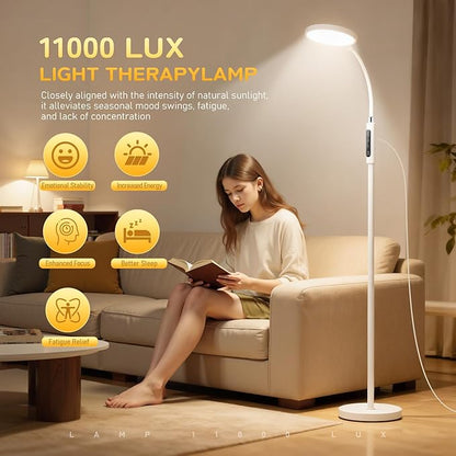 Light Therapy Lamp, 11000 Lux UV-Free Floor Lamp, Full Spectrum LED Sunlight with Touch Remote Control, Adjustable 7 Color Temperatures 9 Brightness Levels for Office Living Room Reading White