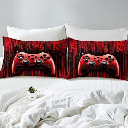 Manfei Gaming Gamepad Kids Sheet Full Size,Neon Light Geometric Honeycomb Hexagon Bedding Set,Boys Girls Room Decor,Modern Videogames Controller Red Bed Sheet Set 4pcs(Fitted + Flat + 2 Pillowcases)