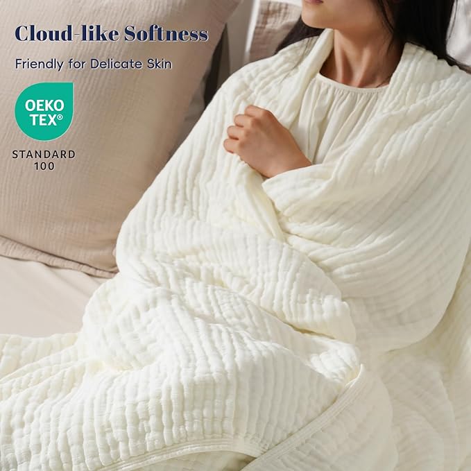 PHF Cooling Muslin Blanket Queen Size 90"x80", 6-Layer Lightweight Gauze Blanket Made from 35% Rayon Derived from Bamboo & 65% Cotton, Breathable & Ultra Soft Cozy for Hot Sleepers, Snow White