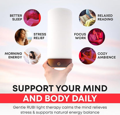 Rubi Red Light Therapy Lamp – 670nm Wavelength for Natural Sleep, Relaxation & Wellness | Adjustable Brightness for Bedroom Light | Elegant Glass & Wood Design | One-Touch Lamp Switch