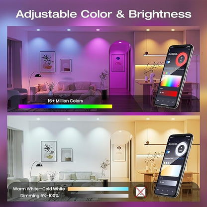 ALUSSO LIGHTING® Smart LED Recessed Lighting 5/6 Inch 6 Pack,Wi-Fi & Bluetooth Dual Control,Smart Can Lights RGB Color Changing Retrofit,Dimmable 1100LM Downllight Works with Alexa & Google Assistan