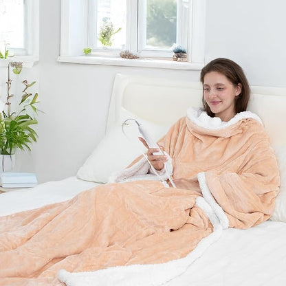 Wearable Heated Blanket with Foot Pocket, 52"x72" Electric Blanket with Sleeves for 12 Hours Timer, 6 Heat Settings, Flannel & Sherpa, Beige