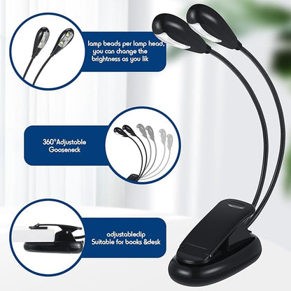 Retisee 6 Pcs Music Stand Clip on Reading Light Dual Heads USB and AAA Battery Operated LED Book Lights in Bed 3 Brightness Levels Ideal for Musician, Battery Not Included (Double-arm Style)