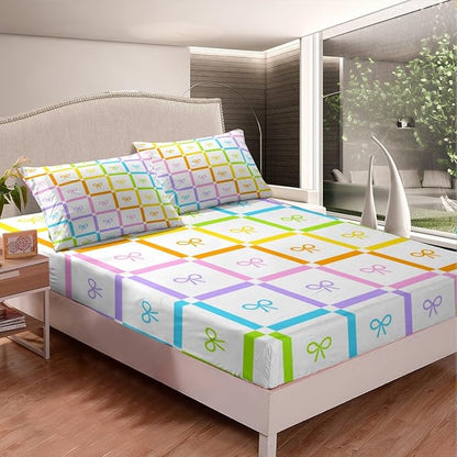 Rainbow Bowknot Fitted Sheet,Gradient Colorful Bow-tie Cartoon Princess Sheet Set for Girls Ultra Soft Room Gift,Geometric Striped Plaids Patchwork Bedding Set with 2 Pillowcases,Queen Size