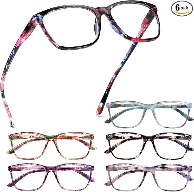 Henotin 6 Pack Ladies Reading Glasses Blue Light Blocking Spring Hinge Readers Anti Eyestrain Computer Eyeglasses (Multicolor-2, 0.0, multiplier_x)