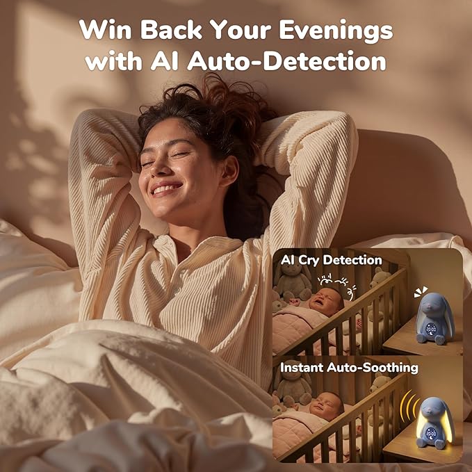 Mom's Choice Awards丨Bunny White Noise Sound Machine Baby for Sleep- AI Cry Detection, 100 Soothing Sounds, 5-Year APP Access Included, Easter Gifts for Baby, Night Light & Sleep Trainer, New Mom Gift