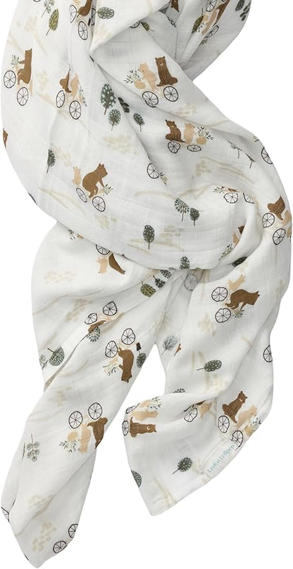 Loulou Lollipop Muslin Swaddle Blanket, Bears on Bike - 70% Rayon from Bamboo, 30% Cotton, Size 18-24M, Unisex, Lightweight, Summer, Swaddle, Sleep & Swaddle