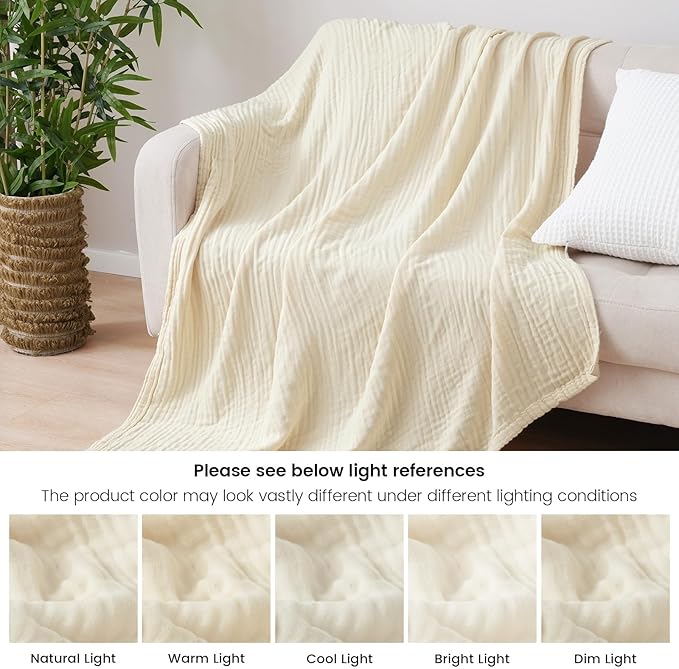 PHF Cooling Muslin Throw Blanket for Hot Sleepers, 60% Rayon Derived from Bamboo, 40% Cotton for Summer, 4-Layer Breathable Gauze Blanket for Bed Couch, 50"x60", Natural/Shortbread