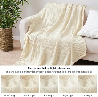 PHF Cooling Muslin Throw Blanket for Hot Sleepers, 60% Rayon Derived from Bamboo, 40% Cotton for Summer, 4-Layer Breathable Gauze Blanket for Bed Couch, 50"x60", Natural/Shortbread