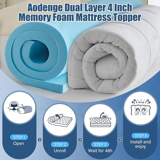 4 lnch Dual Layer Mattress Topper Twin Size, 2 Inch Cooling Gel Memory Foam and 2 Inch Soft Pillow Top Mattress Pad Cover for Back Pain, with Elastic Deep Pocket
