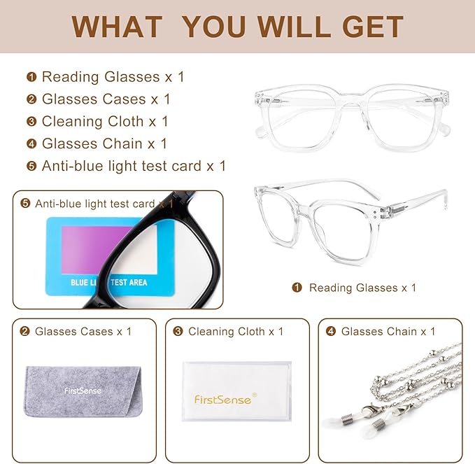 Reading Glasses for Men Women Blue Light Blocking with Spring Hinge, Blocking Readers Anti UV Ray Filter Eyeglasses, Square Computer Reader Glasses, Transparent, +1.5
