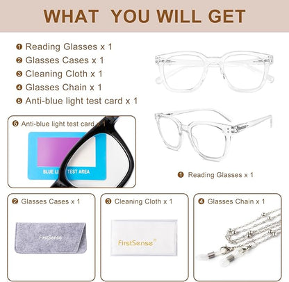 Reading Glasses for Men Women Blue Light Blocking with Spring Hinge, Blocking Readers Anti UV Ray Filter Eyeglasses, Square Computer Reader Glasses, Transparent, +2.5