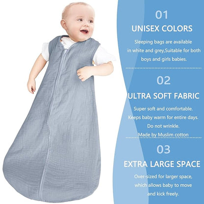 2 Pack Baby Sleep Sack 18-24 Months 100% Organic Cotton Muslin Baby Sleeping Bag 2-Way Zipper Toddler Wearable Blankets Comfy Stretchy Thin Sleep Sacks