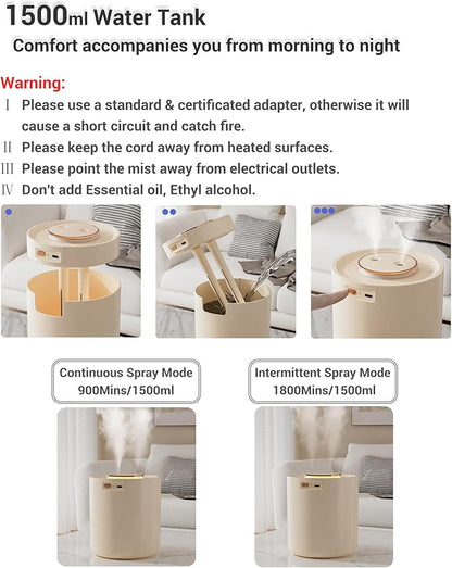 Portable Small Humidifier, 1500ml Small Humidifiers for Bedroom Baby, 1800mAh USB Personal Desktop Portable Humidifiers for Travel,Office, Car, Home, Auto Shut-Off, 3 Mist Modes, Super Quiet